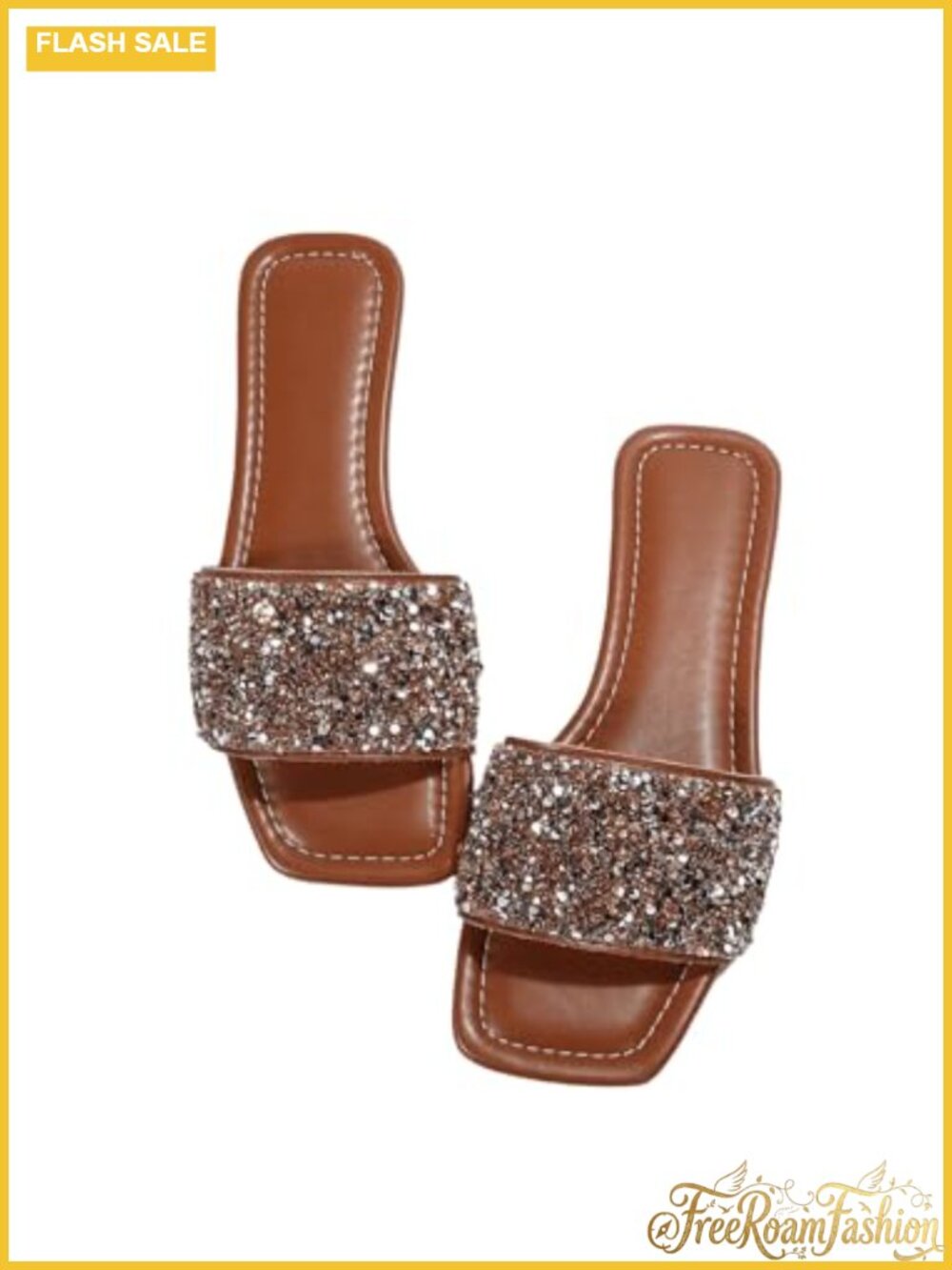 Sparkly Flat Slide Sandals Open Toe Glitter Slip On Casual Dressy